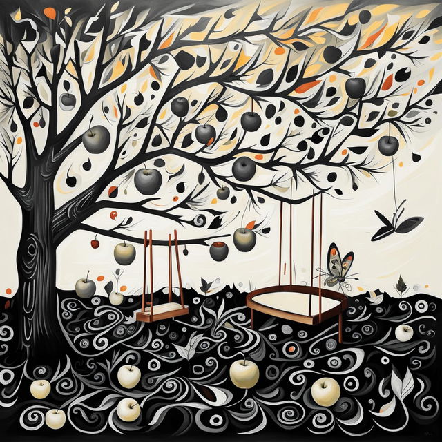 An abstract black and white depiction of an autumn backyard with an apple tree, ripe apples, fallen leaves, a simple children's swing, and a small butterfly on the swing, featuring surreal shapes and patterns