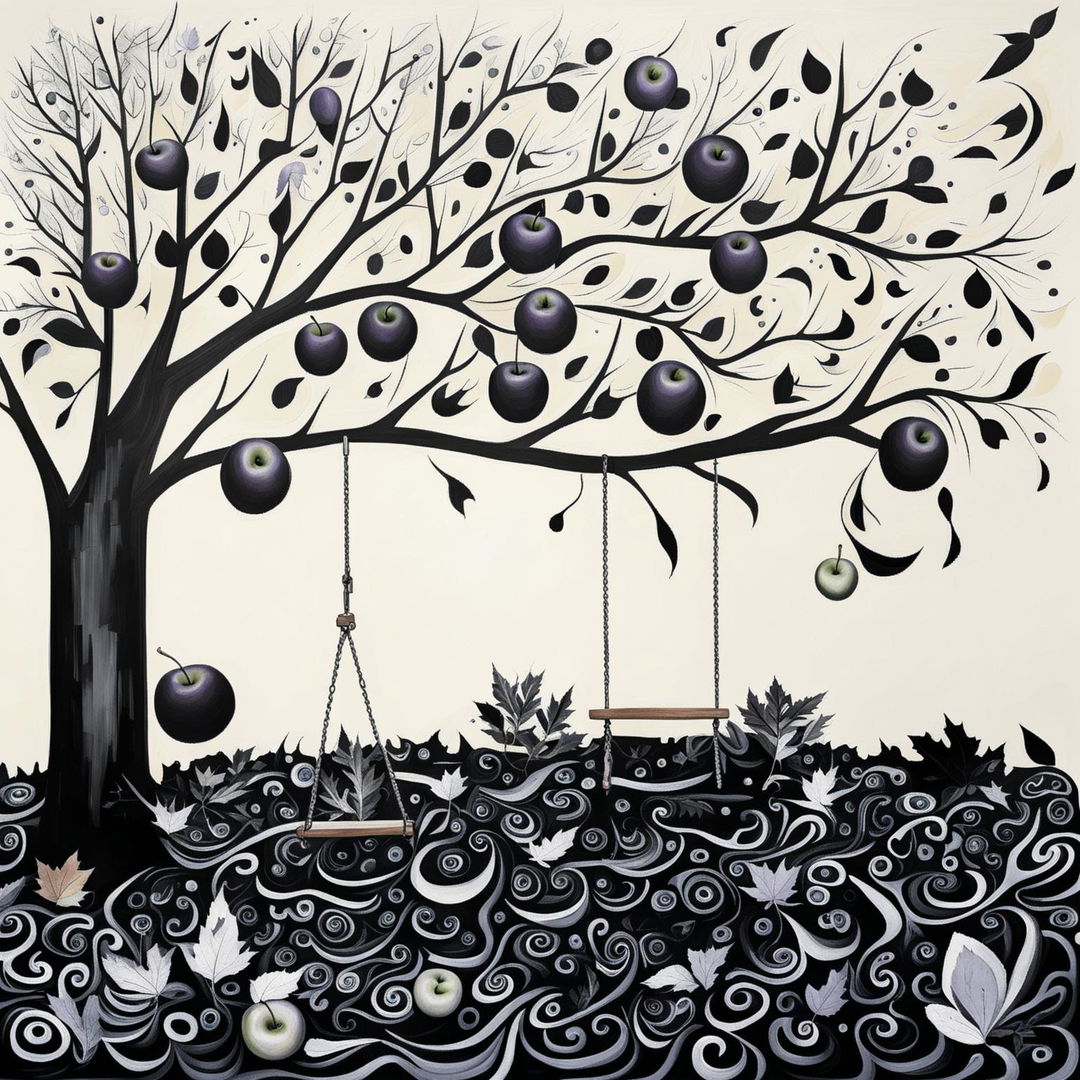 An abstract black and white depiction of an autumn backyard with an apple tree, ripe apples, fallen leaves, a single children's swing, and a small purple butterfly on the swing, featuring surreal shapes and patterns