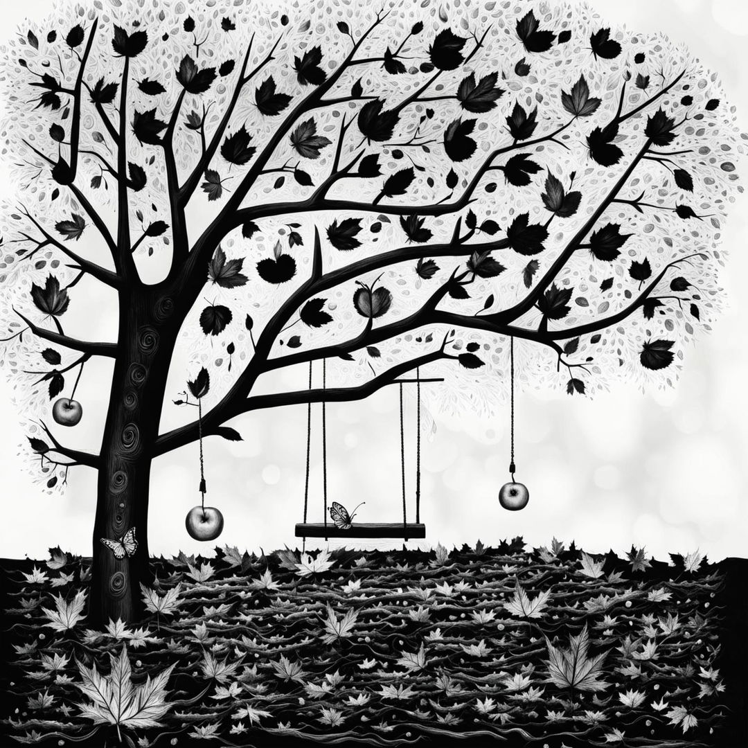 An abstract black and white depiction of an autumn backyard with an apple tree, ripe apples, fallen leaves, a simple backyard swing, and a small purple butterfly on the swing, featuring surreal shapes and patterns