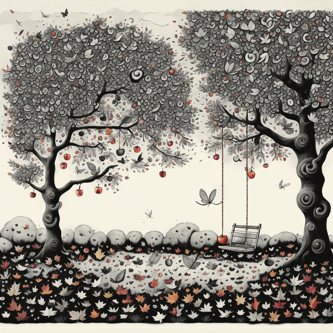 A black and white illustration of an autumn backyard with an apple tree, ripe apples, fallen leaves, a simple backyard swing, and a butterfly