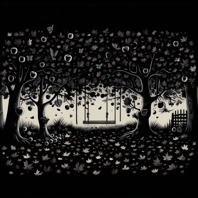 A dark black and white illustration of an autumn backyard with an apple tree, ripe apples, fallen leaves, a simple backyard swing, and a butterfly, featuring deep contrasts and dramatic shadows