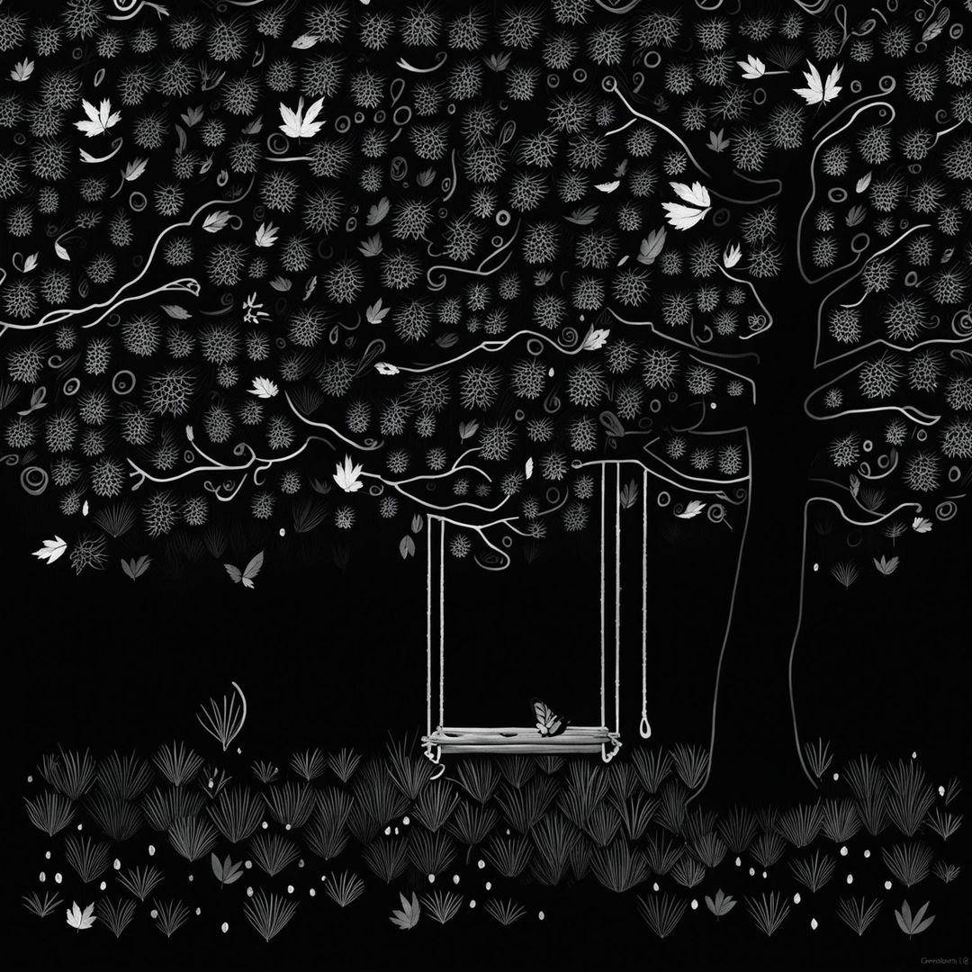 A dark black and white illustration of an autumn backyard with a simple apple tree, few apples, scattered leaves, a simple backyard swing, and a butterfly, featuring surreal shapes and patterns