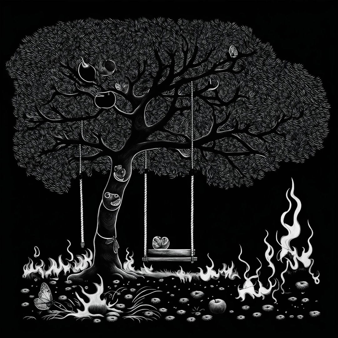 A dark black and white illustration of a backyard scene with a simple apple tree, few apples, scattered leaves, a simple backyard swing, and a butterfly, set against a background of flames, featuring surreal shapes and patterns