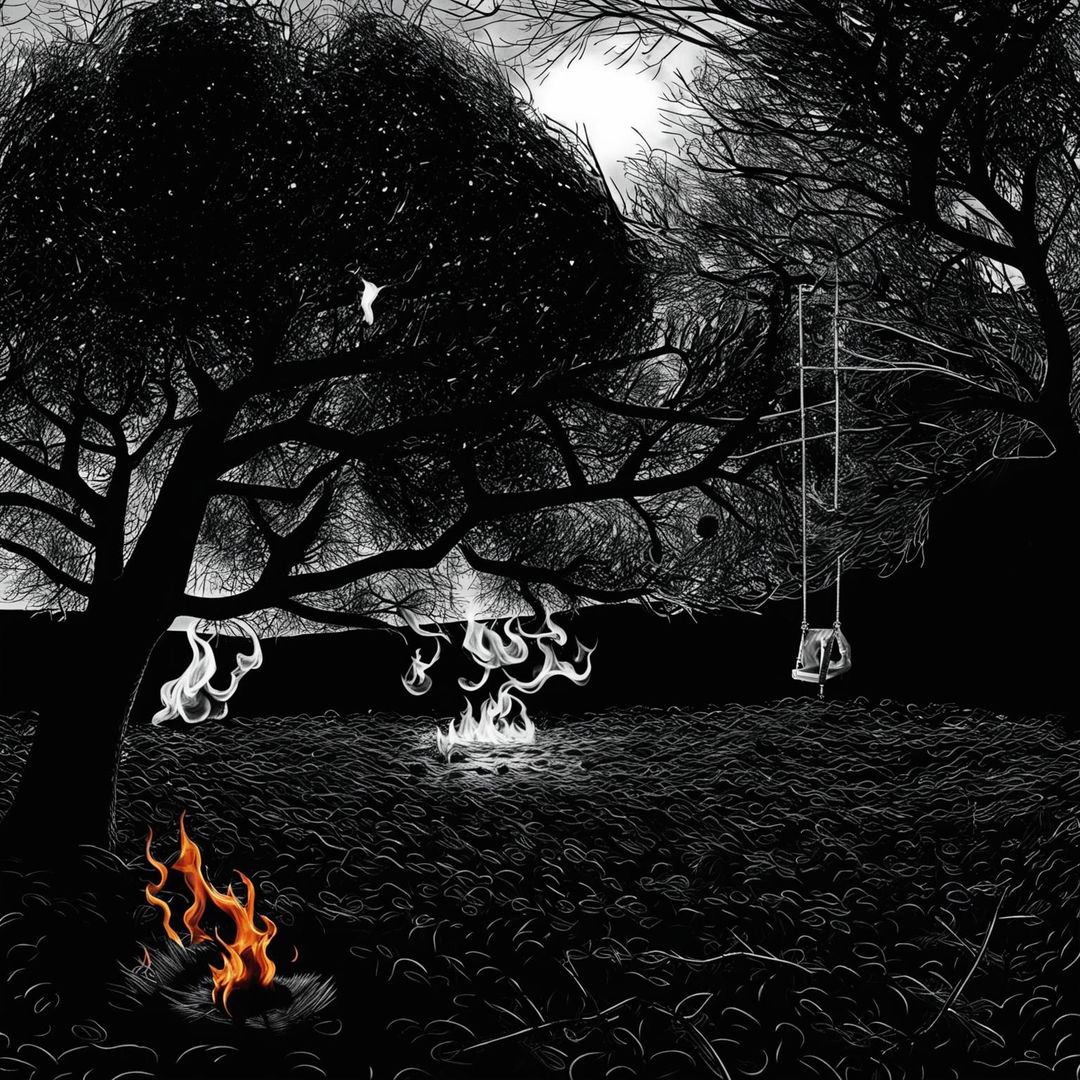 A dark black and white abstract depiction of an apple tree in flames, with a simple backyard swing, a few leaves on the ground, and a butterfly, featuring surreal shapes and patterns