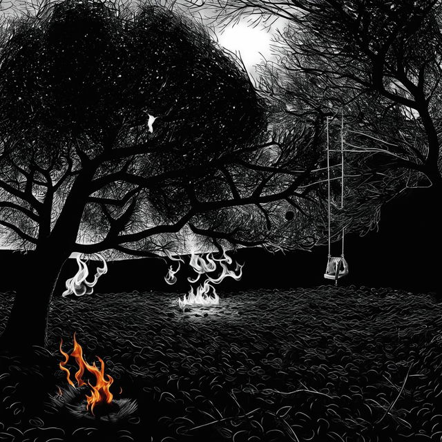 A dark black and white abstract depiction of an apple tree in flames, with a simple backyard swing, a few leaves on the ground, and a butterfly, featuring surreal shapes and patterns