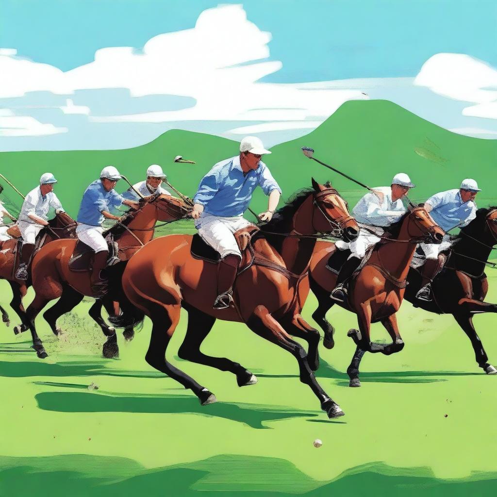 A detailed and realistic illustration of a polo match in progress, with players on horseback, swinging mallets, and aiming for the ball