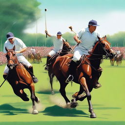 A detailed and realistic illustration of a polo match in progress, with players on horseback, swinging mallets, and aiming for the ball