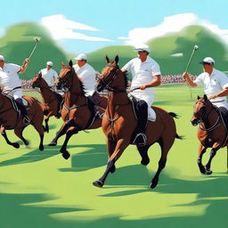 A detailed and realistic illustration of a polo match in progress, with players on horseback, swinging mallets, and aiming for the ball