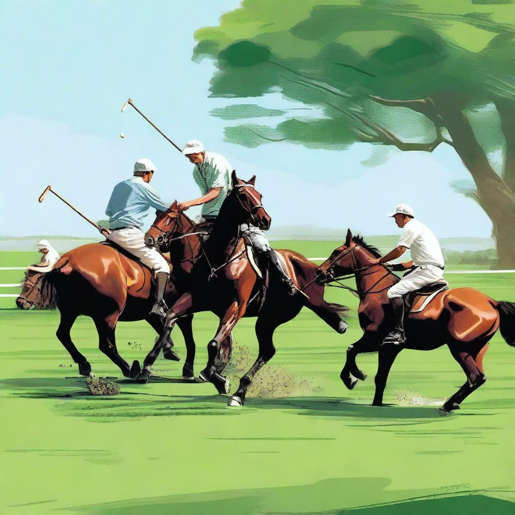 A detailed and realistic illustration of a polo match in progress, with players on horseback, swinging mallets, and aiming for the ball