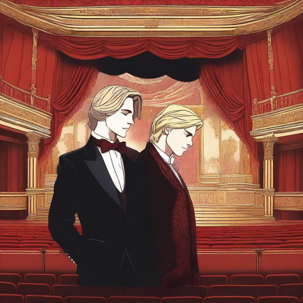 A high quality digital art depicting two adult boys, one with blonde hair and one with brunette hair, facing each other in a theatre setting