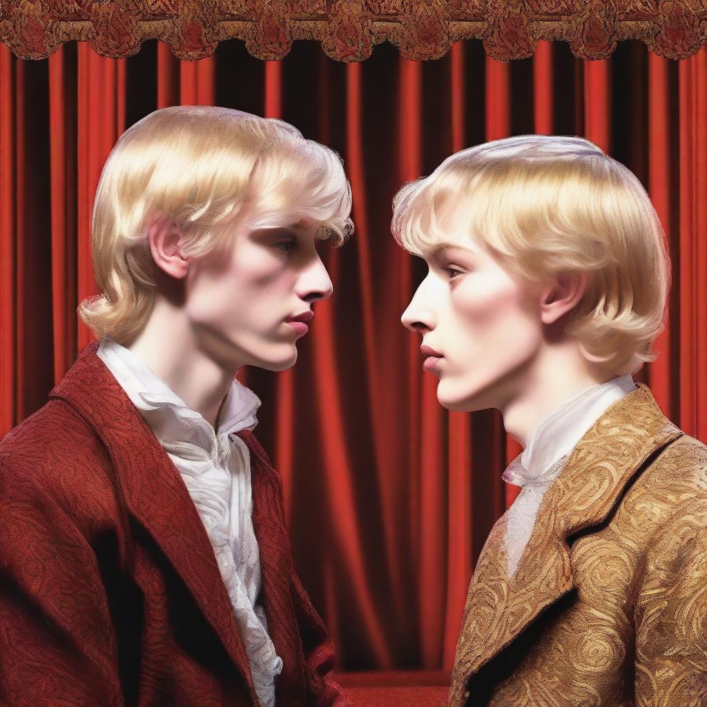 A high quality, close-up, and realistic modern art piece depicting two adult boys, one with blonde hair and one with brunette hair, facing each other in a theatre setting