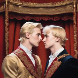 A high quality, close-up, and realistic modern art piece depicting two adult boys, one with blonde hair and one with brunette hair, facing each other in a theatre setting