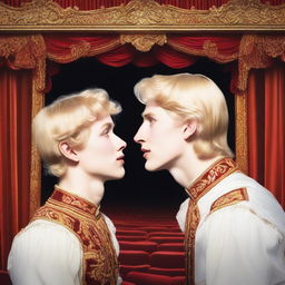 A high quality, close-up, and realistic modern art piece depicting two adult boys, one with blonde hair and one with brunette hair, facing each other in a theatre setting