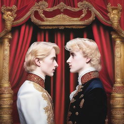 A high quality, close-up, and realistic modern art piece depicting two adult boys, one with blonde hair and one with brunette hair, facing each other in a theatre setting