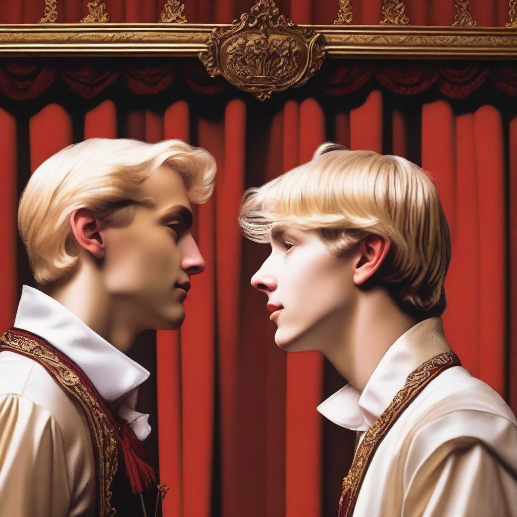 A high quality, close-up, and realistic modern art piece depicting two adult boys, one blonde and one brunette, facing each other in a theatre setting