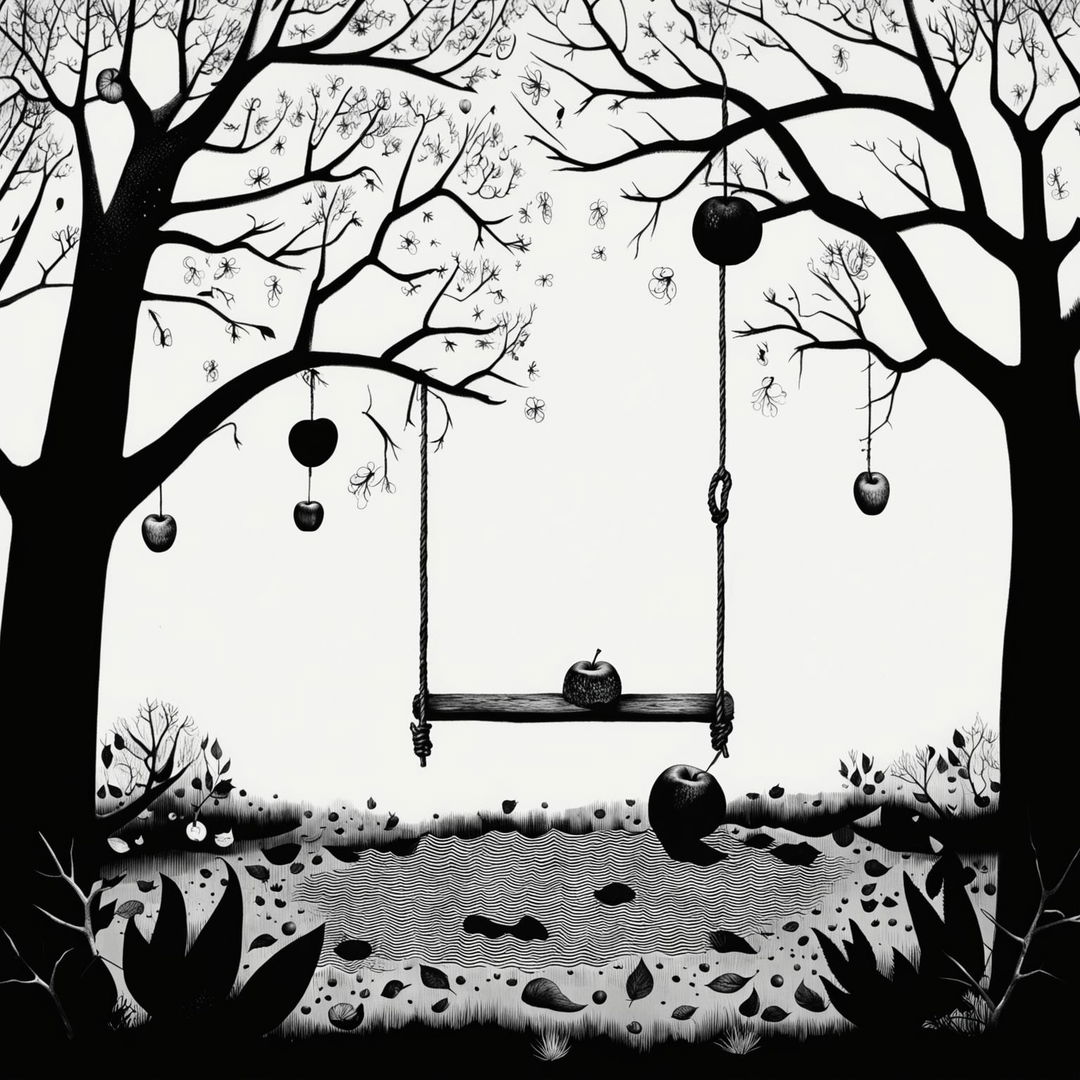 An abstract black and white illustration of a sombre backyard scene with a simple apple tree, a scorched swing, few scattered leaves, and surreal shapes and patterns