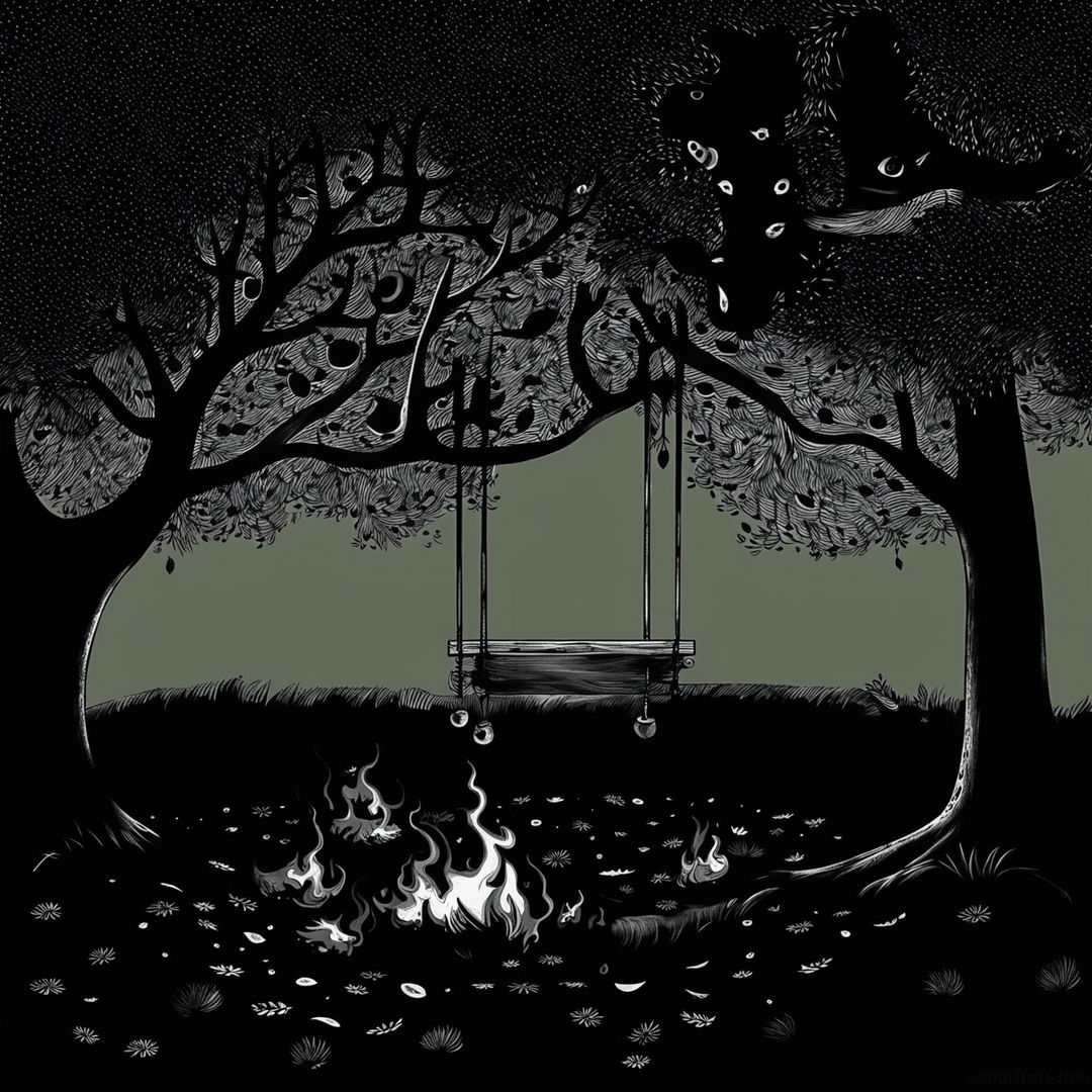 An abstract black and white illustration of a backyard with a simple apple tree, burning ropes on a swing, few leaves on the ground, featuring surreal shapes and patterns