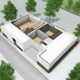 A 3D design for a modern home within a 33ft x 48ft area, encompassing a shop and a gate on the 33ft side. The home features glass walls, a flat roof, and a minimalist design.