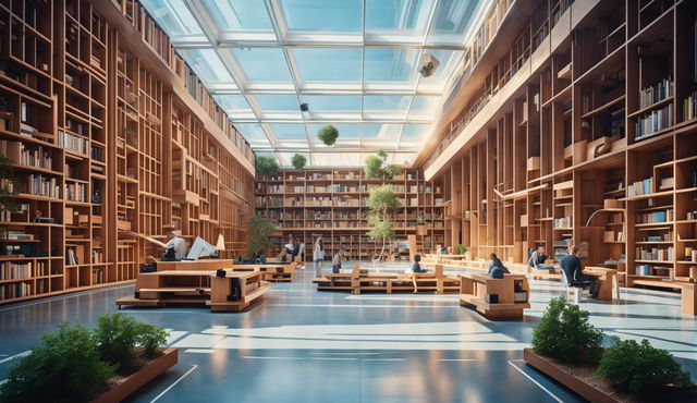 A futuristic university library in the year 2500, featuring wood panels with virtual books, robot librarians, virtual and in-person visitors, high ceilings with sunlight, self-growing bookshelves, and minor trees