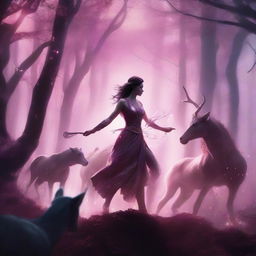 A powerful scene featuring the Daughter of Artemis standing in a mystical forest