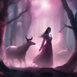A powerful scene featuring the Daughter of Artemis standing in a mystical forest