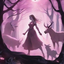 A powerful scene featuring the Daughter of Artemis standing in a mystical forest