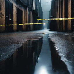 A dark, rainy alleyway featuring a crime scene with police tape blocking off the area