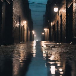 A dark, rainy alleyway featuring a crime scene with police tape blocking off the area