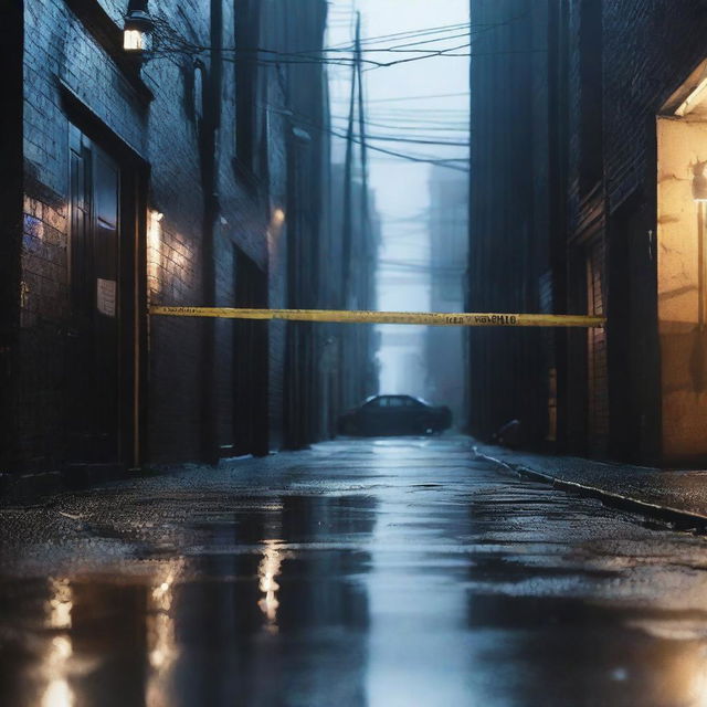 A dark, rainy alleyway featuring a crime scene with police tape blocking off the area