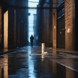 A dark, rainy alleyway featuring a crime scene with police tape blocking off the area