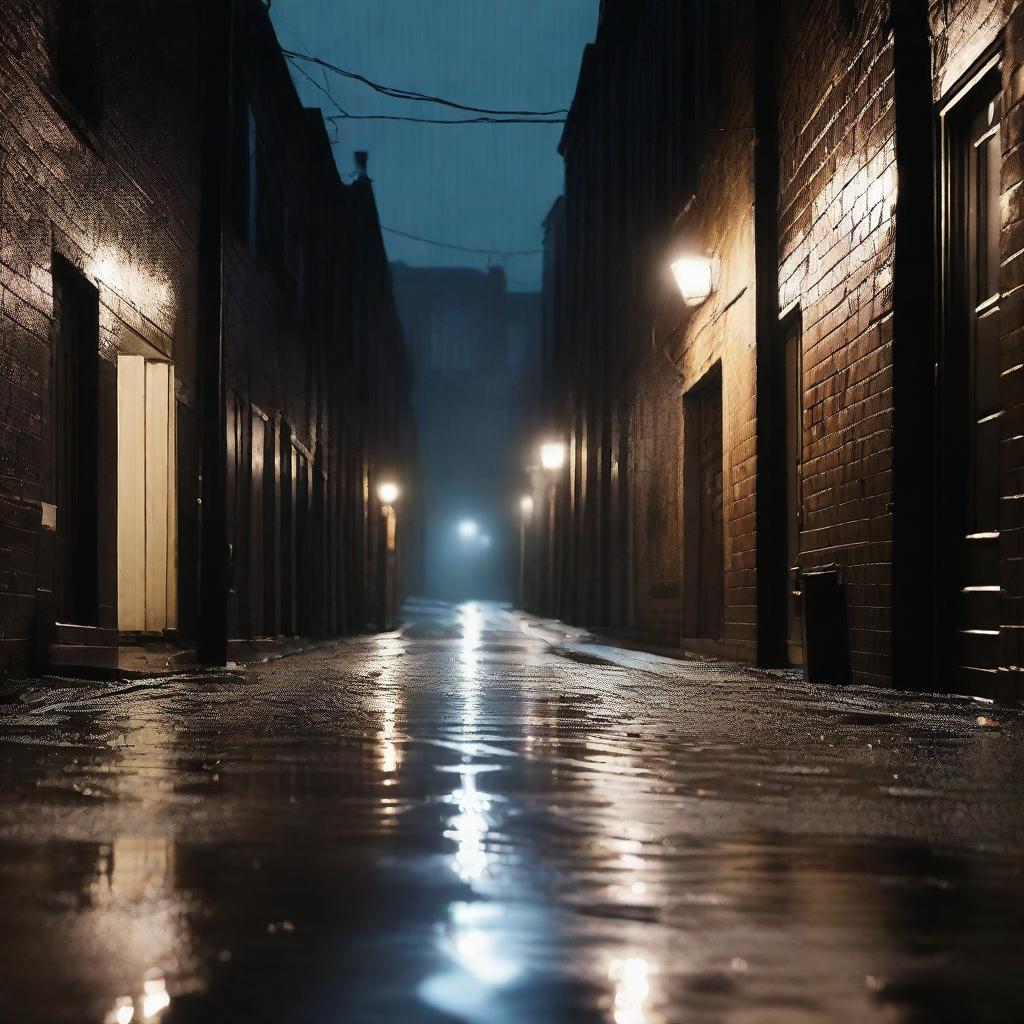 A dark, rainy alleyway illuminated by dim streetlights