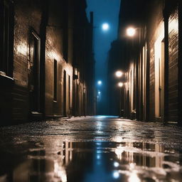 A dark, rainy alleyway illuminated by dim streetlights