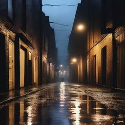 A dark, rainy alleyway illuminated by dim streetlights