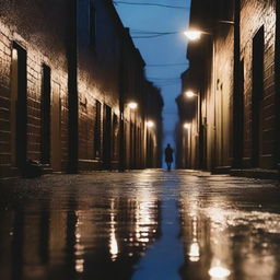 A dark, rainy alleyway illuminated by dim streetlights