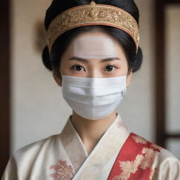 An elegant Asian woman wearing a facemask, her eyes full of determination, subtly highlighted by traditional Asian attire