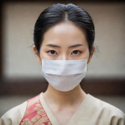 An elegant Asian woman wearing a facemask, her eyes full of determination, subtly highlighted by traditional Asian attire