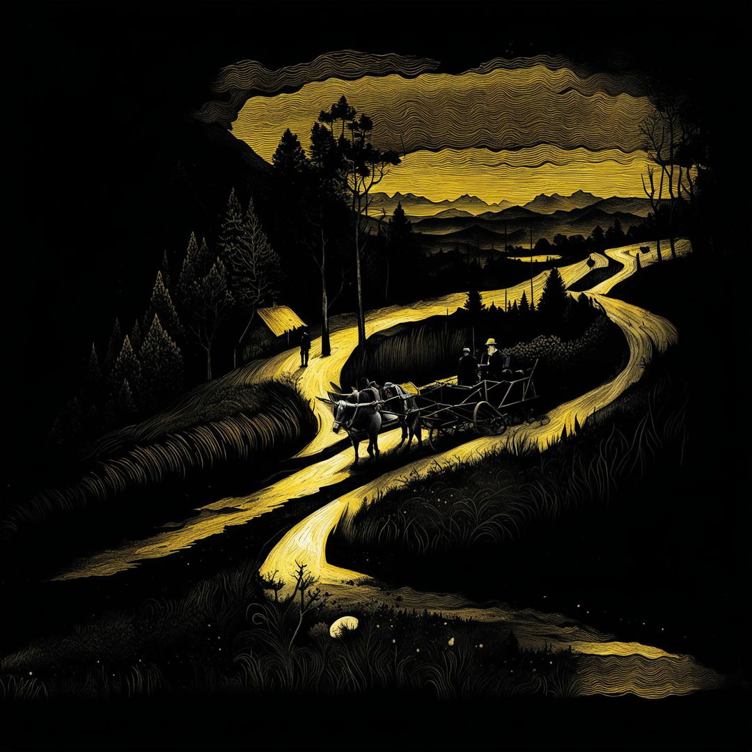 An abstract illustration of two shadowy men in an old cart pulled by a donkey on a lonely, winding dirt road with the Carpathian Mountains in the background, featuring surreal shapes and patterns