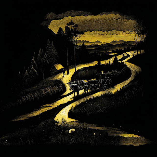 An abstract illustration of two shadowy men in an old cart pulled by a donkey on a lonely, winding dirt road with the Carpathian Mountains in the background, featuring surreal shapes and patterns