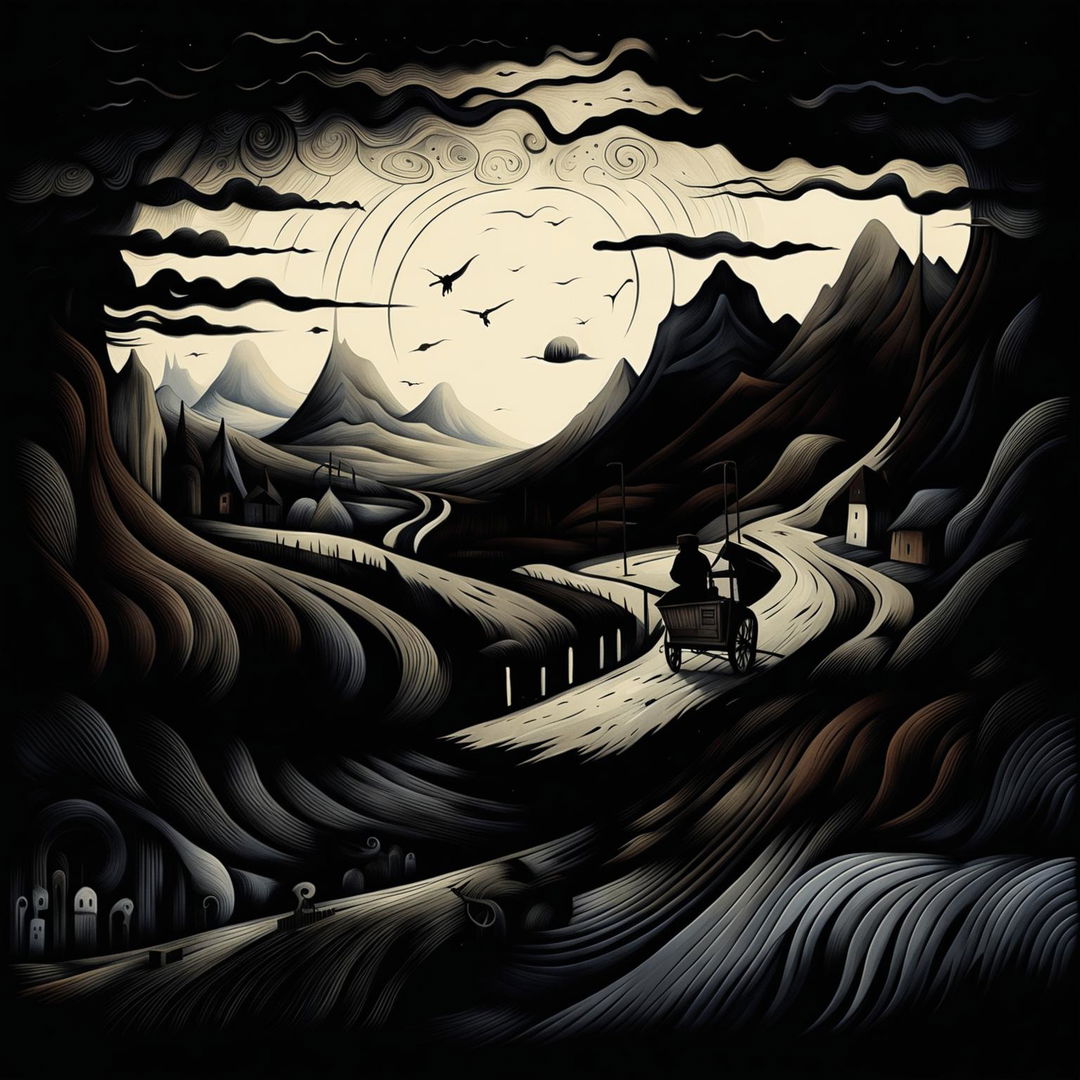 An abstract illustration of two shadowy men in an old cart pulled by a donkey on a lonely winding dirt road, with the Carpathian Mountains and skies in the background, featuring surreal shapes and patterns