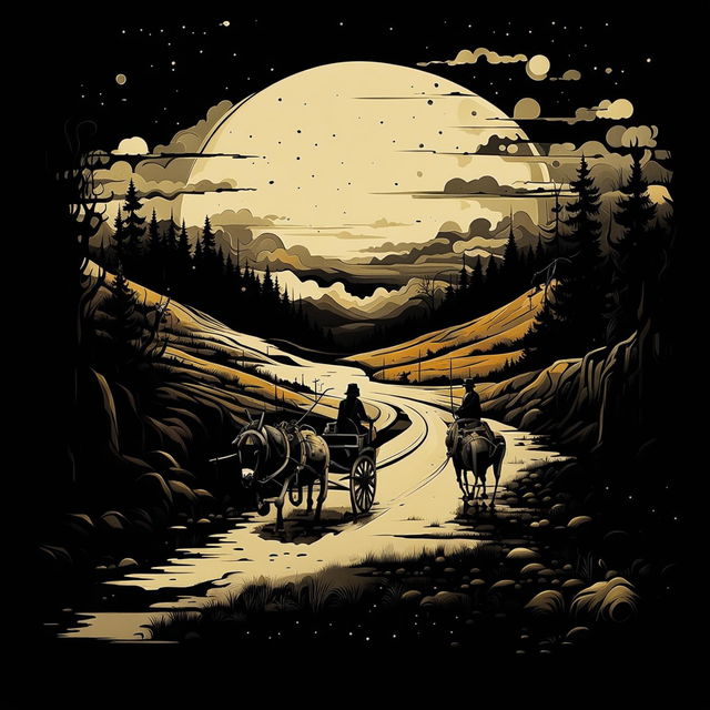 An abstract illustration of two shadowy men in an old cart pulled by a donkey on a lonely winding dirt road in the Carpathian Mountains, with surreal shapes and patterns