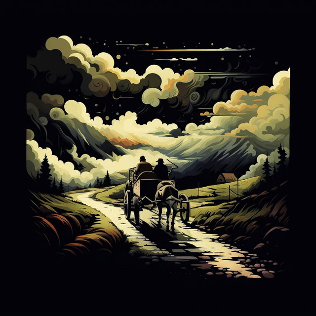 An abstract illustration of two shadowy men in an old cart drawn by a donkey on a lonely dirt road in the Carpathian Mountains, with surreal skies and dramatic landscape