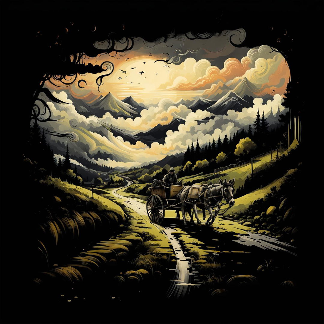 An abstract illustration of two shadowy men in an old cart pulled by a donkey on a lonely winding dirt road in the Carpathian Mountains, featuring surreal skies and a dramatic landscape