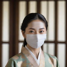 An elegant Asian woman wearing a facemask, her eyes full of determination, subtly highlighted by traditional Asian attire