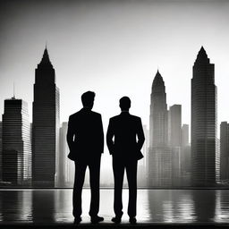 A silhouette of a man dressed in a tuxedo, standing and facing a city skyline with tall buildings in the background