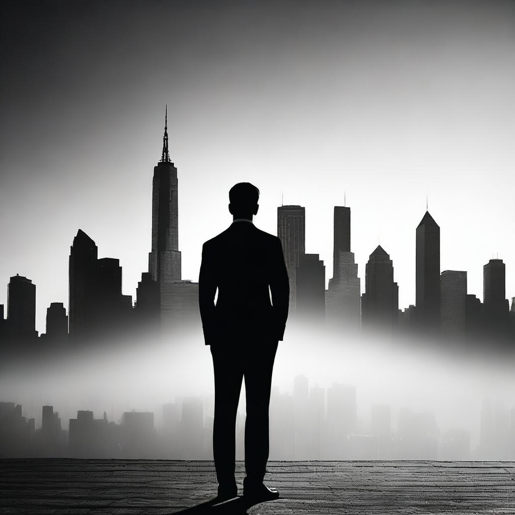 A silhouette of a man dressed in a tuxedo, standing and facing a city skyline with tall buildings in the background