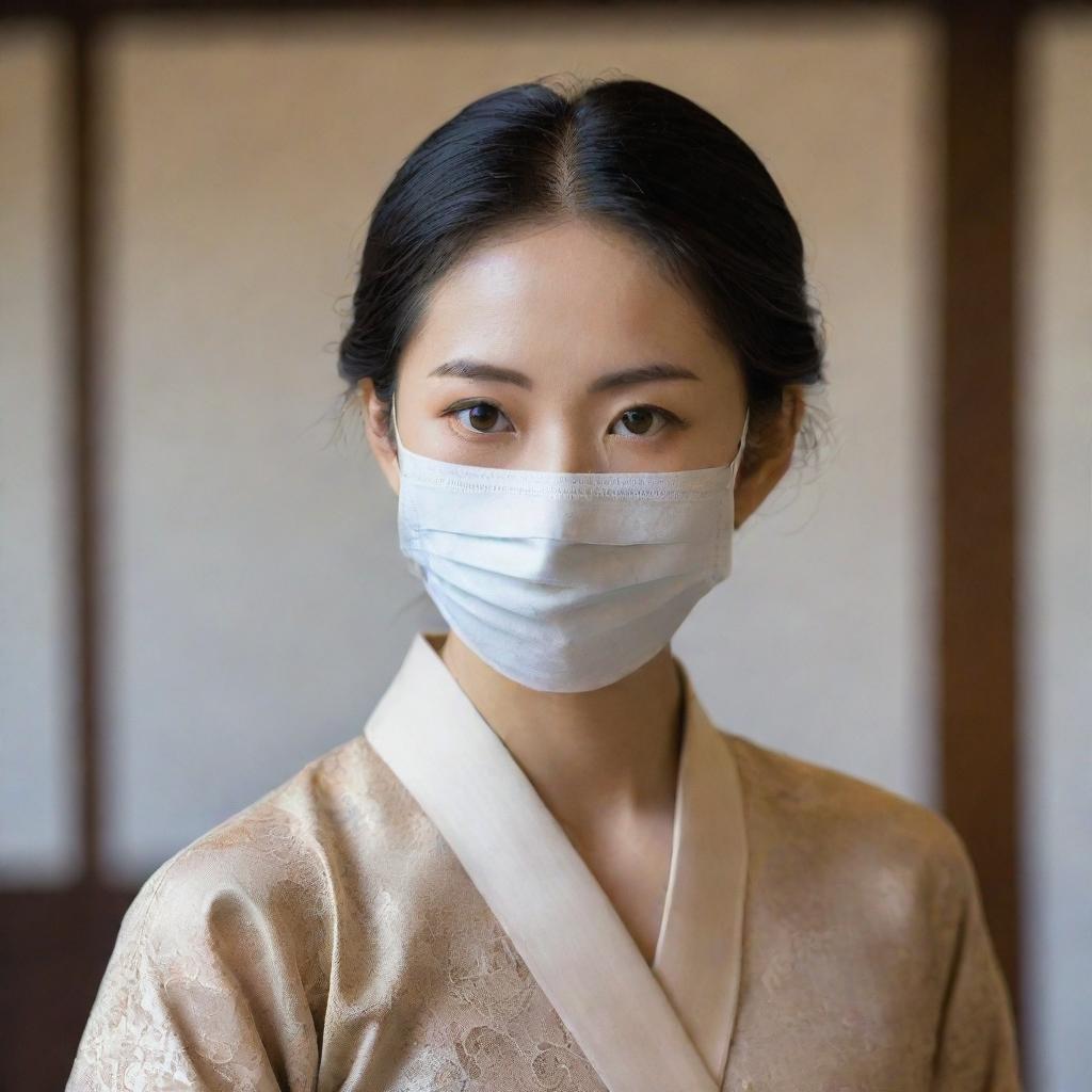 An elegant Asian woman wearing a facemask, her eyes full of determination, subtly highlighted by traditional Asian attire