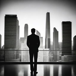 A silhouette of a man dressed in a tuxedo, standing and facing a city skyline with tall buildings in the background