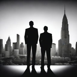 A silhouette of a man dressed in a tuxedo, standing and facing a city skyline with tall buildings in the background