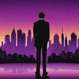 A silhouette of a man dressed in a tuxedo, standing and facing a city skyline with tall buildings in the background