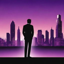 A silhouette of a man dressed in a tuxedo, standing and facing a city skyline with tall buildings in the background